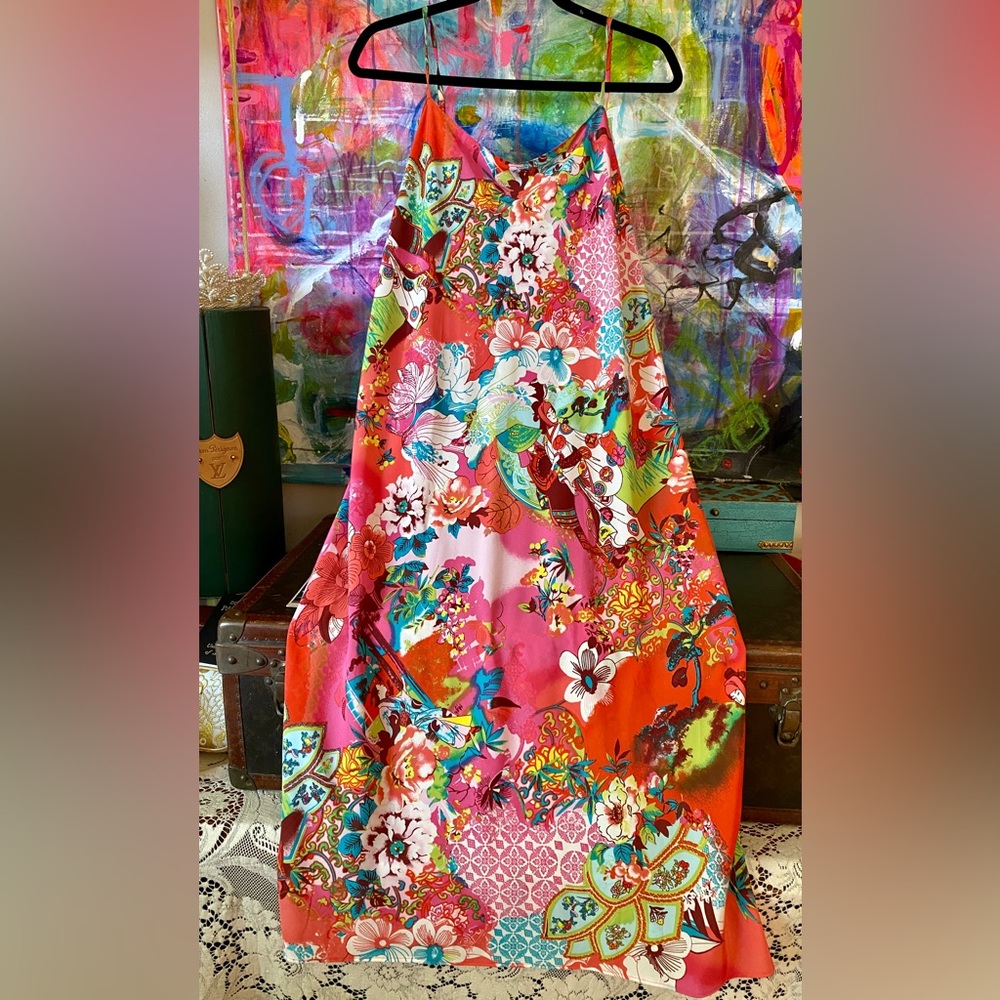Beautiful Flattering NATORI Colorful Floral Oriental Slip Dress M Luxury Fashion